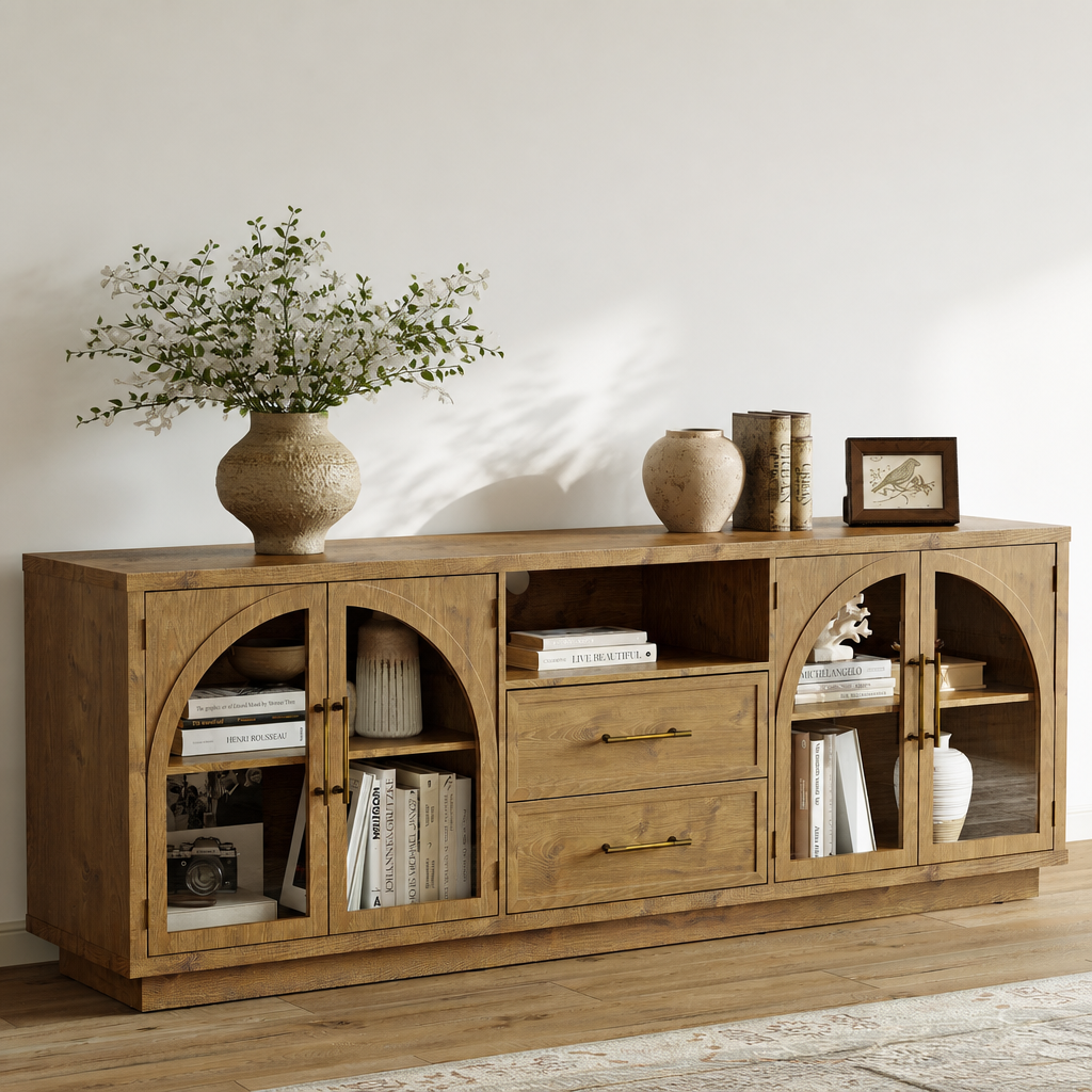 70" TV stand with arched glass doors; storage TV cabinet with drawers and cabinets; Media Console and Entertainment Center