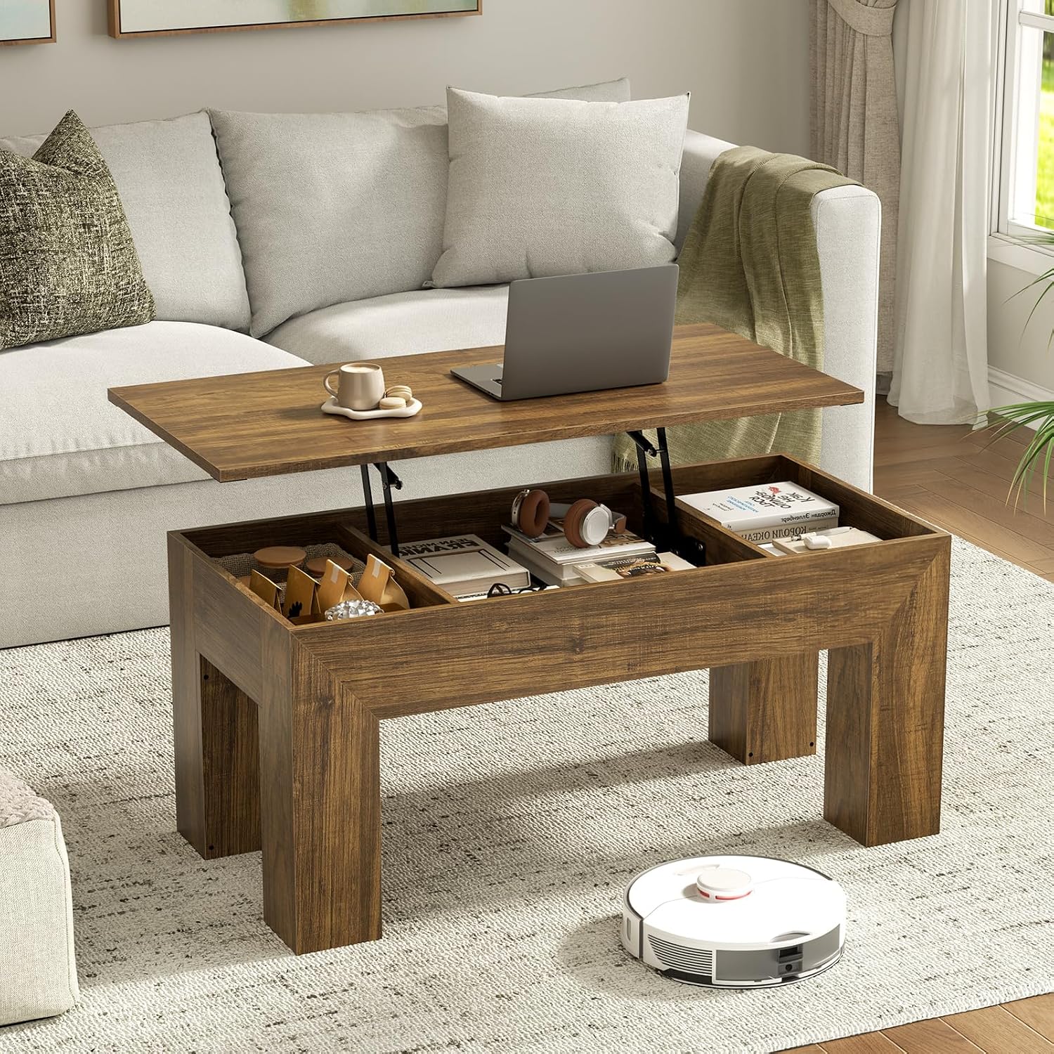 FABATO 41.7” Rectangular Lift Top Coffee Table Hidden Compartment, Black | Modern Wood Coffee Table, Large Center Table Adjust Height Sofa Table for Living Room, Home Office