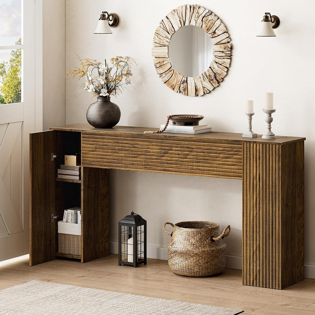 FABATO 61” Fluted Long Console Table with 2 Hidden Storage Cabinets, Brown | Wooden Rectangular Sofa Table, Behind the Couch, Narrow Entryway Table for Entrance, Hallway, Living Room, Foyer