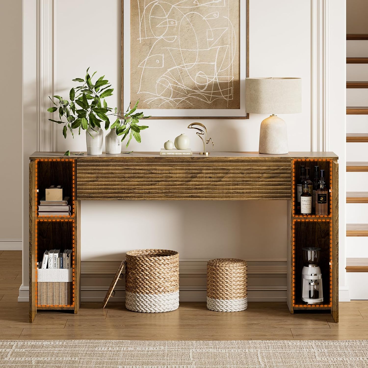 FABATO 61” Fluted Long Console Table with 2 Hidden Storage Cabinets, Brown | Wooden Rectangular Sofa Table, Behind the Couch, Narrow Entryway Table for Entrance, Hallway, Living Room, Foyer