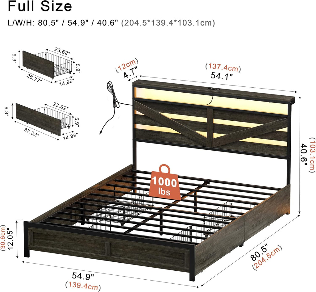 Full Bed Frame with 4 Storage Drawers Farmhouse Double Bed Frame Full Size with Headboard Metal Platform Bed No Box Spring Needed, Easy Assembly Grey