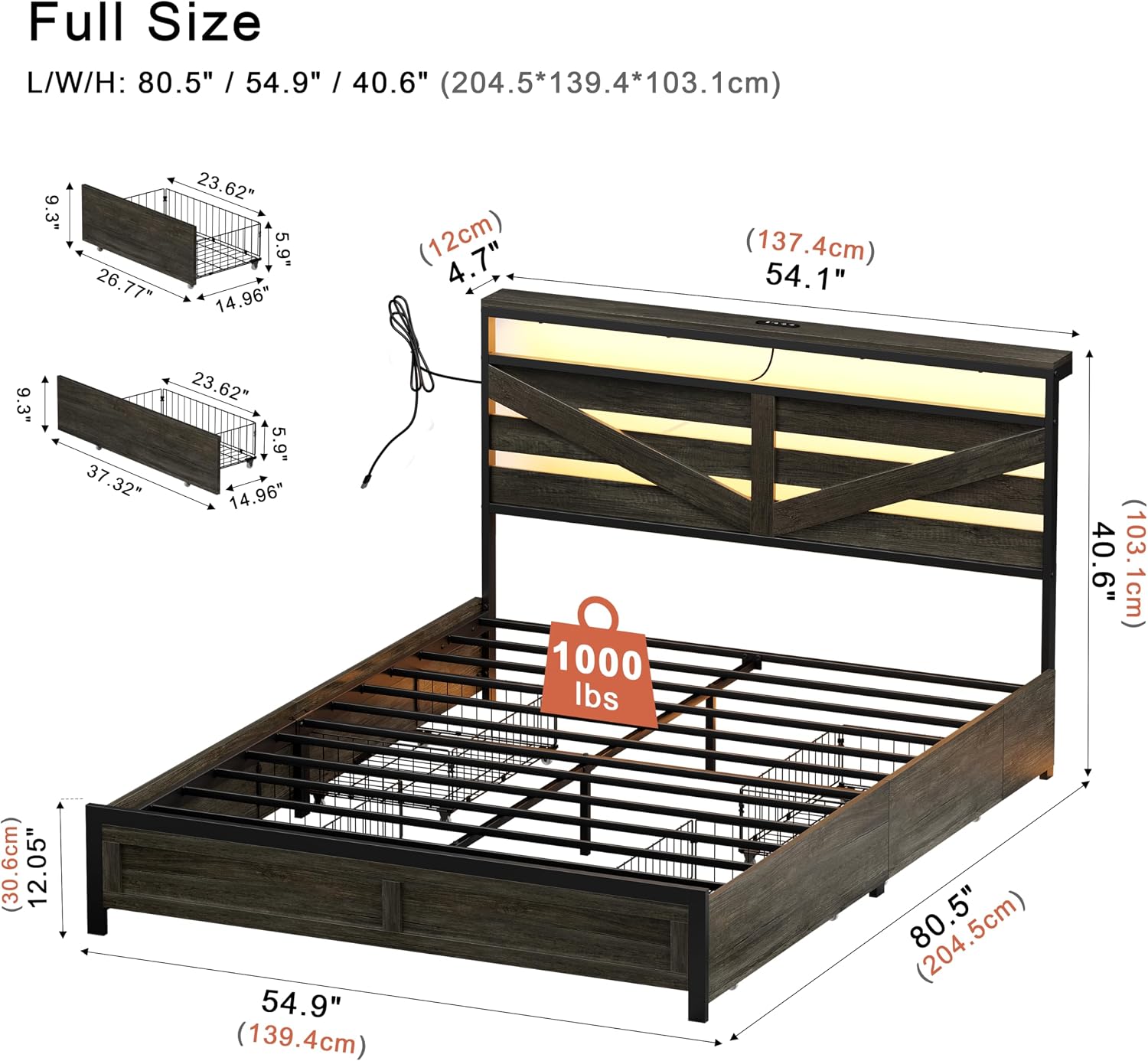Full Bed Frame with 4 Storage Drawers Farmhouse Double Bed Frame Full Size with Headboard Metal Platform Bed No Box Spring Needed, Easy Assembly Grey