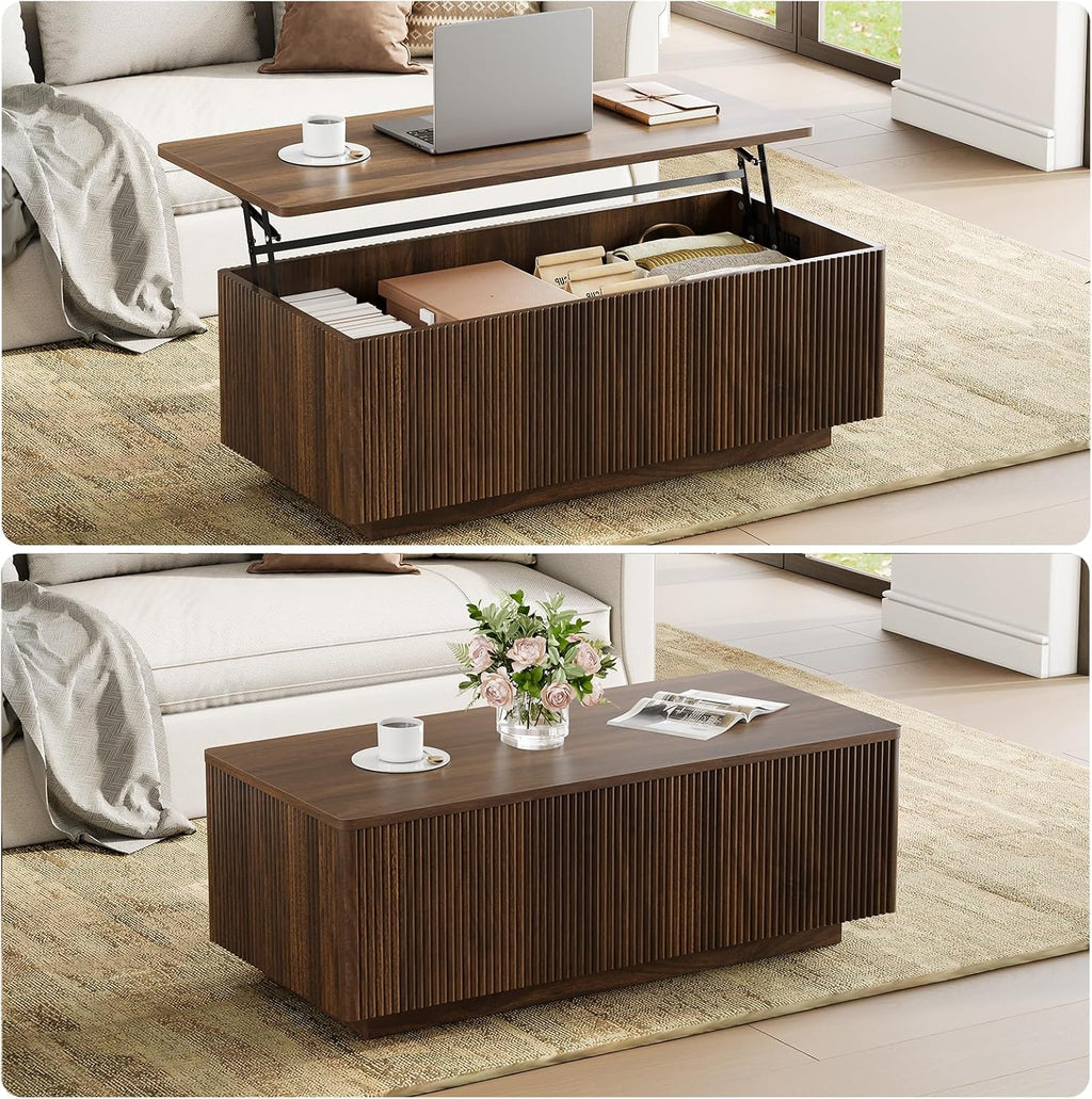 FABATO 41.7'' Fluted Lift Top Coffee Table Large Hidden Storage, Walnut | Large Rectangular Lift Up Coffee Tables, Hidden Storage Compartment, Fluted Panel Rounded Corners, Mid Century Modern