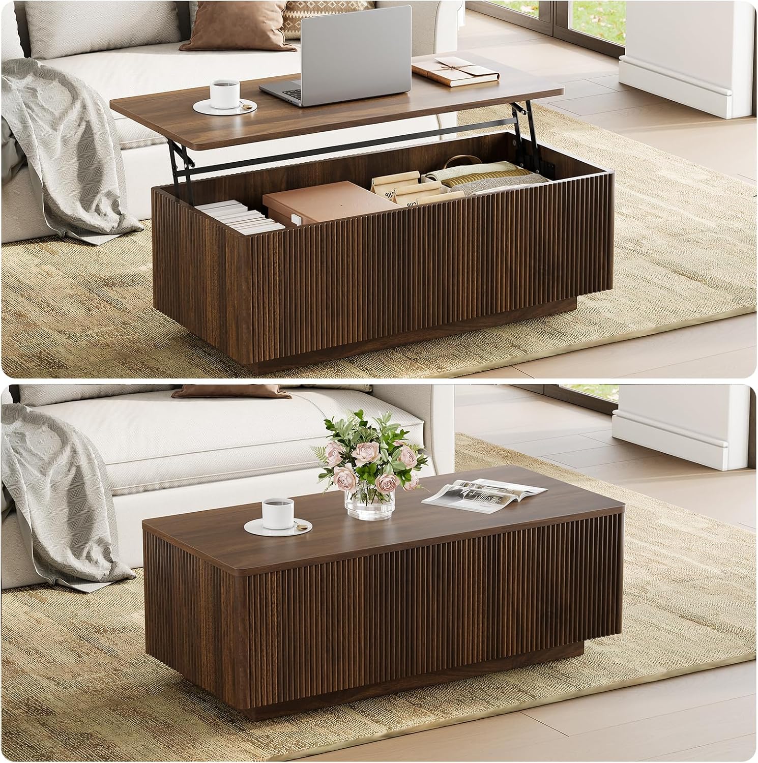FABATO 41.7'' Fluted Lift Top Coffee Table Large Hidden Storage, Walnut | Large Rectangular Lift Up Coffee Tables, Hidden Storage Compartment, Fluted Panel Rounded Corners, Mid Century Modern