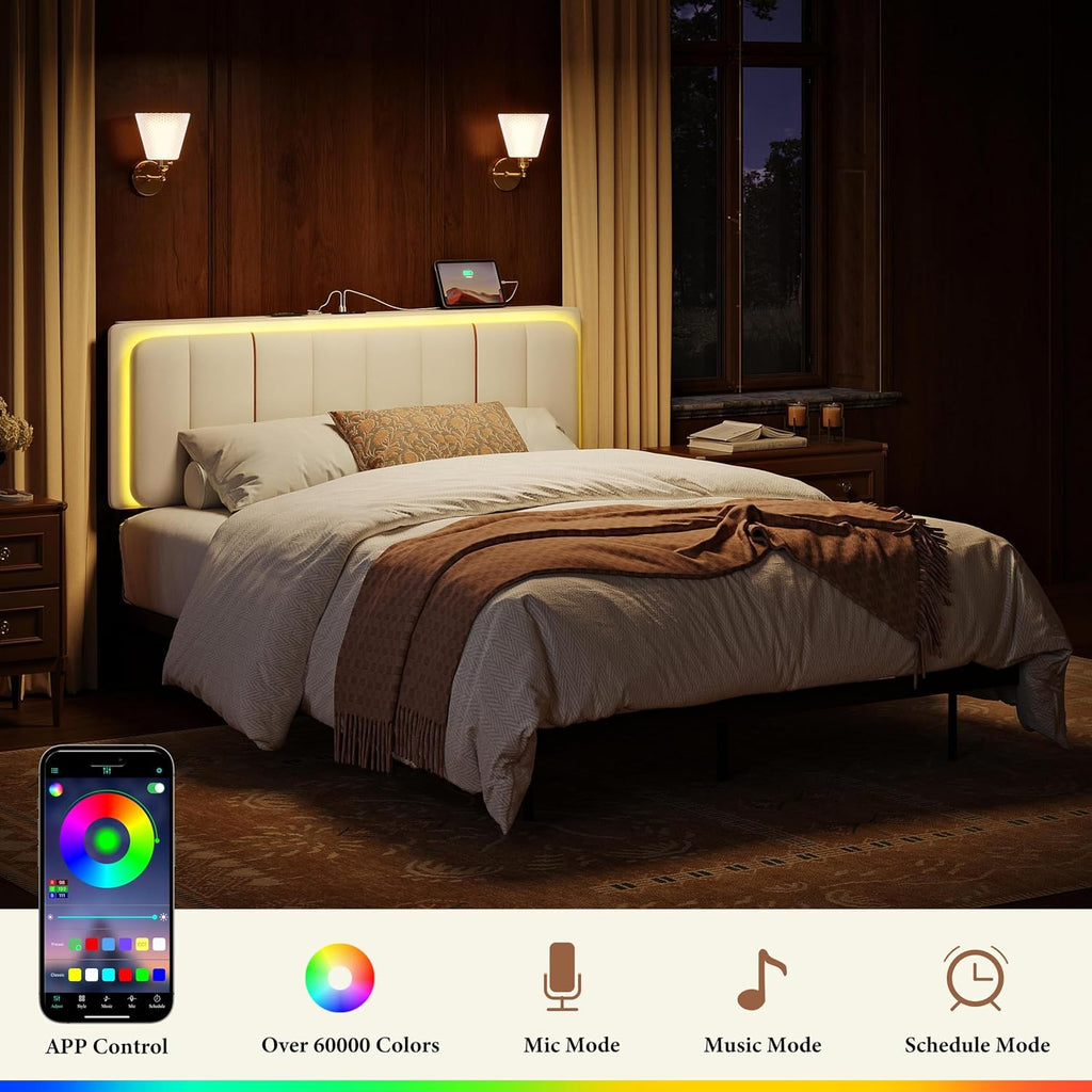 Upholstered Floating Full Bed Frame with Storage Headboard, Modern Metal Bed Frame with LED Light & Charging Station, No Spring Boxing Needed Beige
