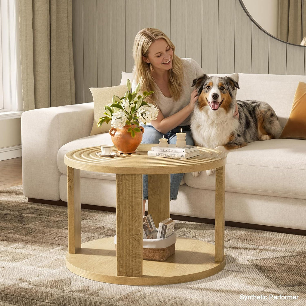 Planimetry 26.8” Fluted Round Coffee Table, 2-Tier Circle Lift Top, Wood | Round Center Table with Thick Tabletop, Modern Wood Circle Coffee Table for Living Room, Small Space, Easy Assembly