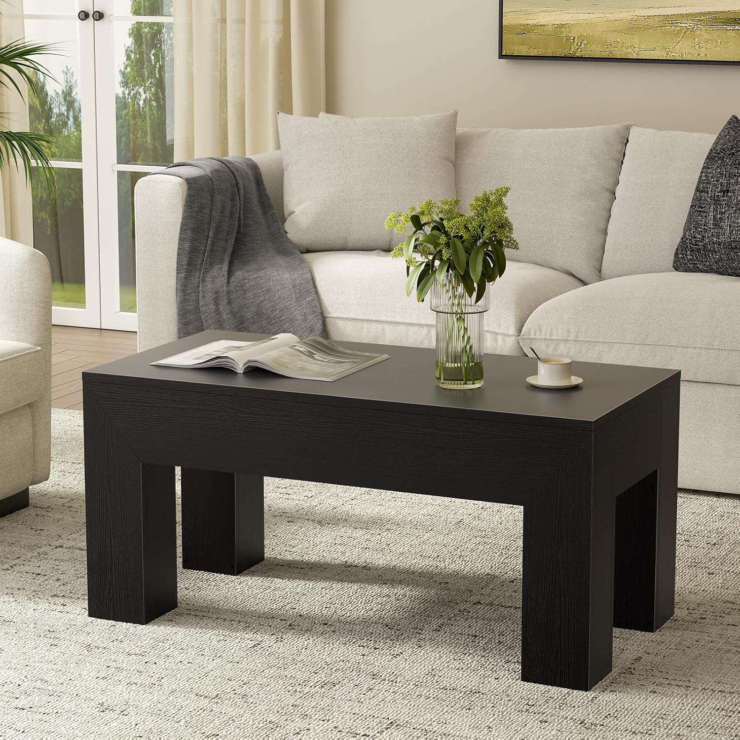 FABATO 41.7” Rectangular Lift Top Coffee Table Hidden Compartment, Black | Modern Wood Coffee Table, Large Center Table Adjust Height Sofa Table for Living Room, Home Office