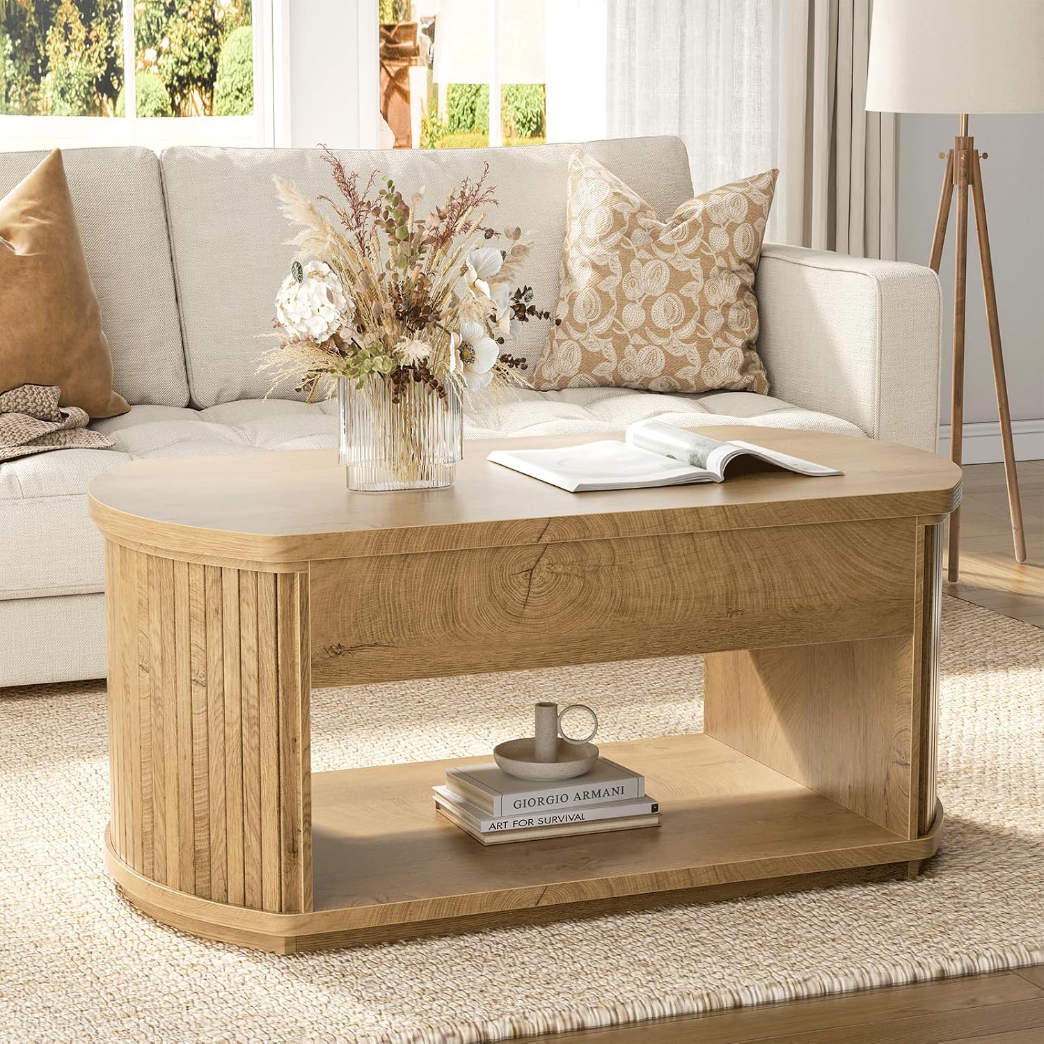 FABATO 41.7” Oval Fluted Wood Coffee Table with Lift Top, Wood | Mid Century Modern Coffee Table, 2 Tier Center Table, Rounded Corners, Hidden Storage for Living Room, Home Office