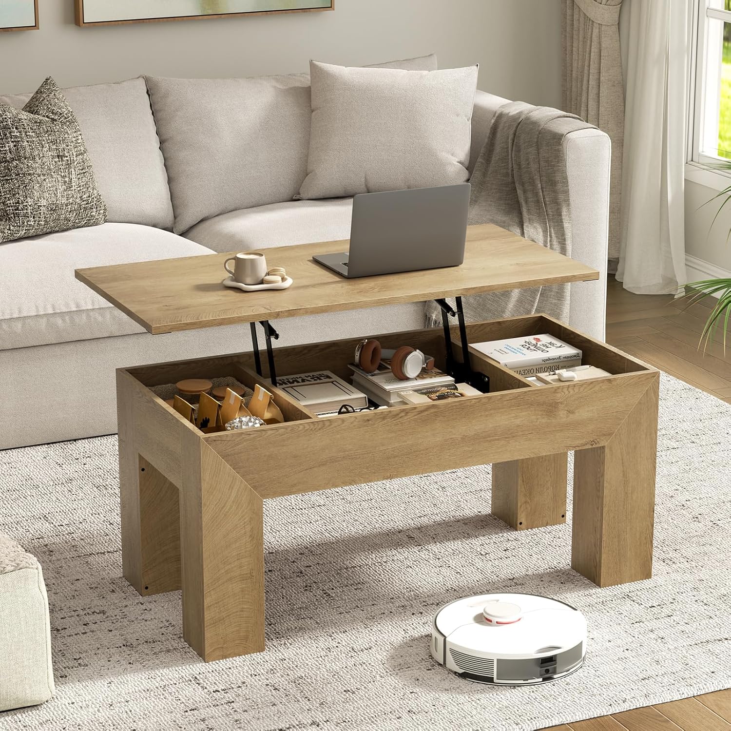 FABATO 41.7” Rectangular Lift Top Coffee Table Hidden Compartment, Black | Modern Wood Coffee Table, Large Center Table Adjust Height Sofa Table for Living Room, Home Office