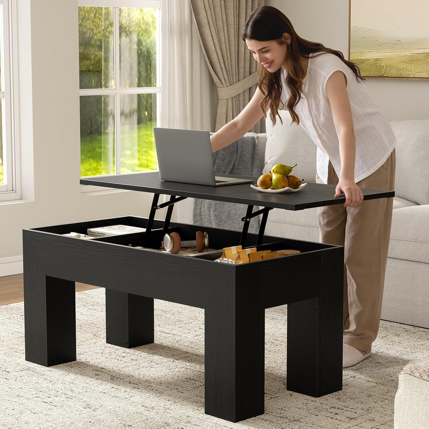 FABATO 41.7” Rectangular Lift Top Coffee Table Hidden Compartment, Black | Modern Wood Coffee Table, Large Center Table Adjust Height Sofa Table for Living Room, Home Office