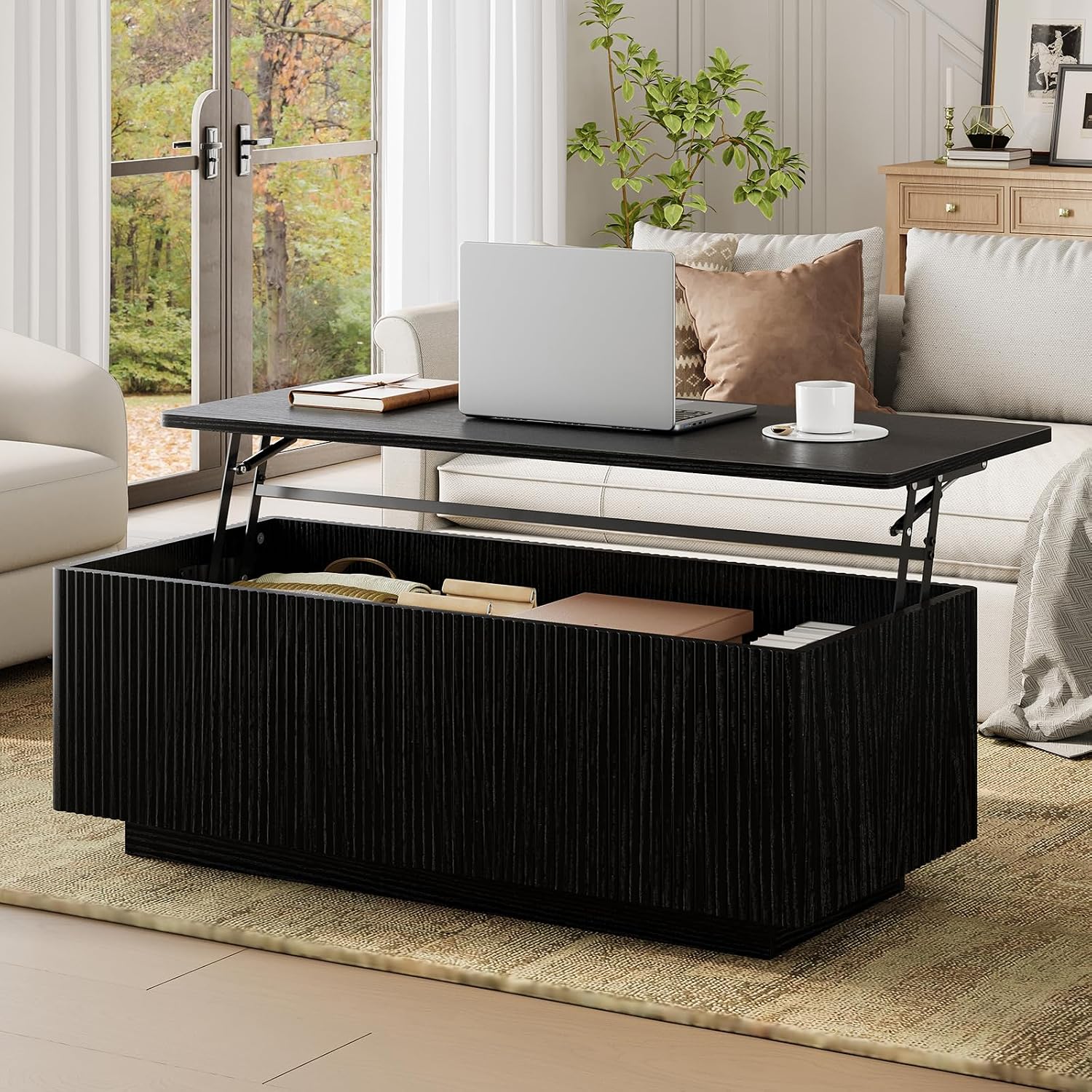 FABATO 41.7'' Fluted Lift Top Coffee Table Large Hidden Storage, Walnut | Large Rectangular Lift Up Coffee Tables, Hidden Storage Compartment, Fluted Panel Rounded Corners, Mid Century Modern
