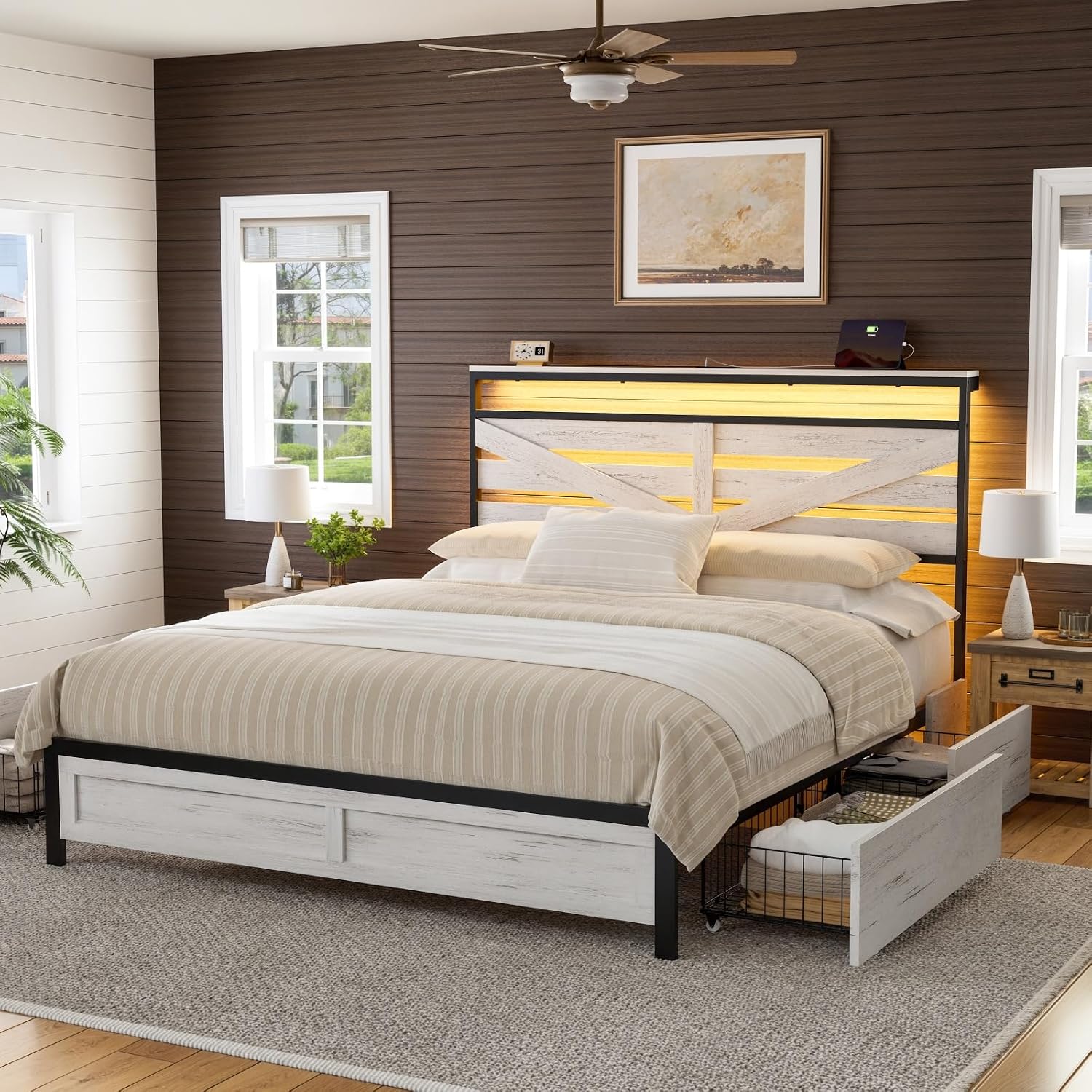 Full Bed Frame with 4 Storage Drawers Farmhouse Double Bed Frame Full Size with Headboard Metal Platform Bed No Box Spring Needed, Easy Assembly White