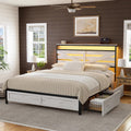 Full Bed Frame with 4 Storage Drawers Farmhouse Double Bed Frame Full Size with Headboard Metal Platform Bed No Box Spring Needed, Easy Assembly White