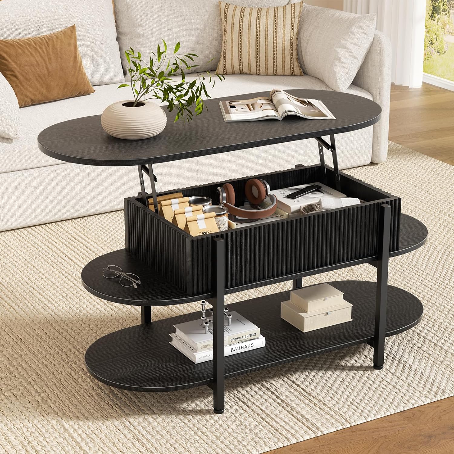 FABATO 41.7" Fluted Oval Lift Top Coffee Table with Hidden Storage, Black | Fluted Wood Center Table, 3 Tier Small Tables with Curved Edge, Modern Narrow Coffee Table for Living Room Reception Room