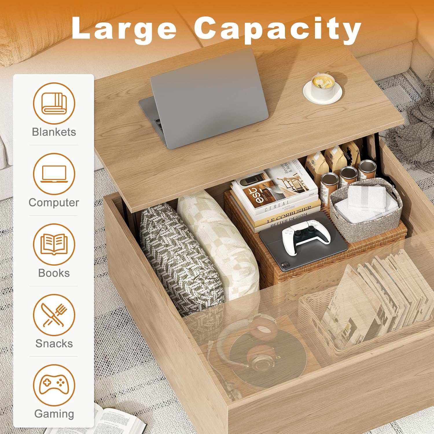 FABATO Lift Top Coffee Table,Wood Square Coffee Table with Storage