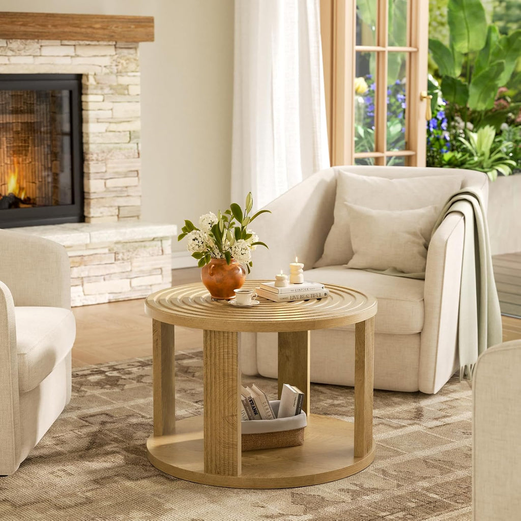 Planimetry 26.8” Fluted Round Coffee Table, 2-Tier Circle Lift Top, Wood | Round Center Table with Thick Tabletop, Modern Wood Circle Coffee Table for Living Room, Small Space, Easy Assembly