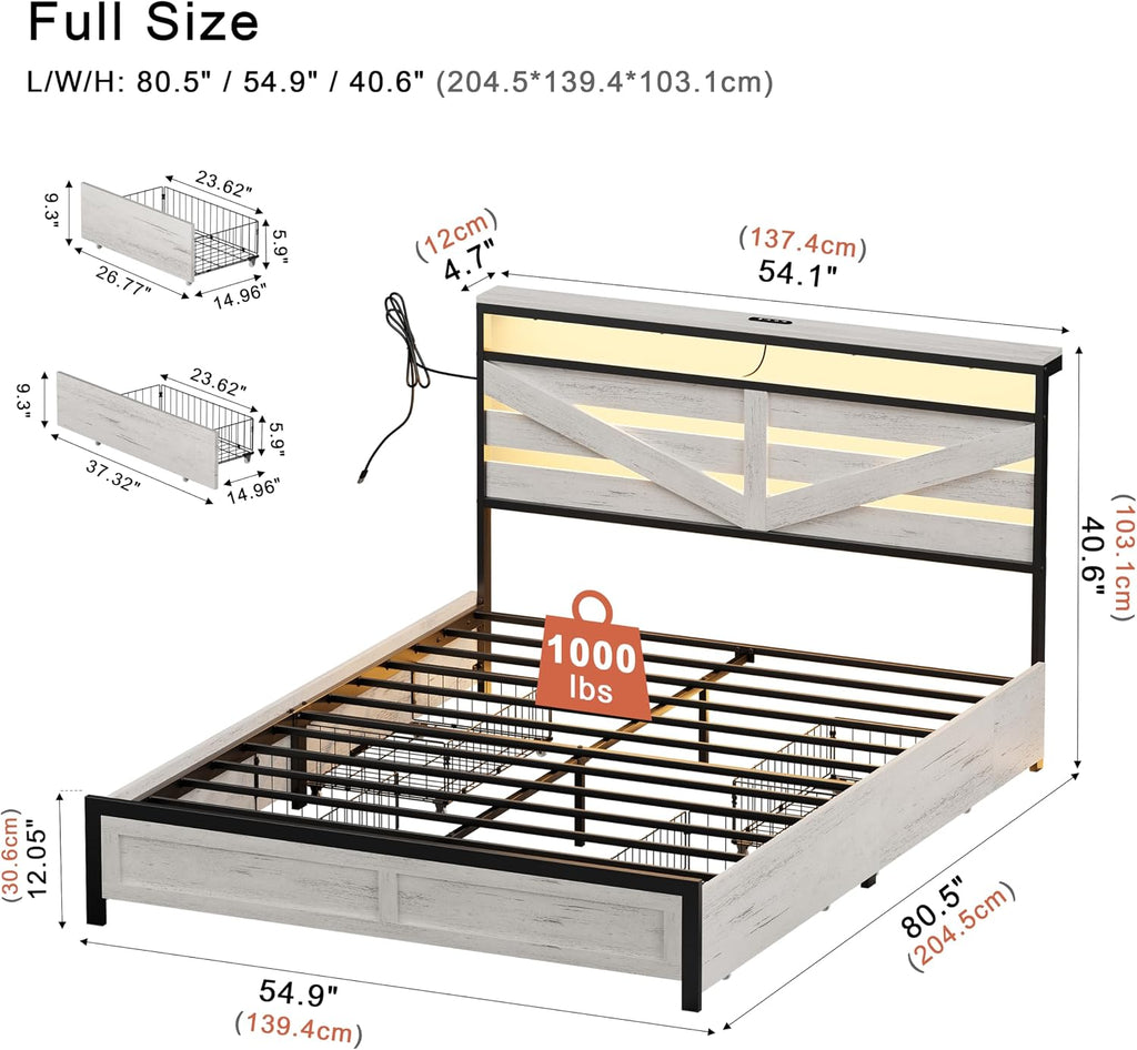 Full Bed Frame with 4 Storage Drawers Farmhouse Double Bed Frame Full Size with Headboard Metal Platform Bed No Box Spring Needed, Easy Assembly White