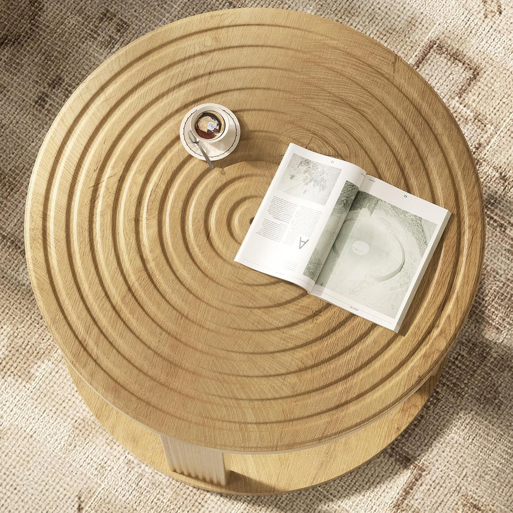 Planimetry 26.8” Fluted Round Coffee Table, 2-Tier Circle Lift Top, Wood | Round Center Table with Thick Tabletop, Modern Wood Circle Coffee Table for Living Room, Small Space, Easy Assembly