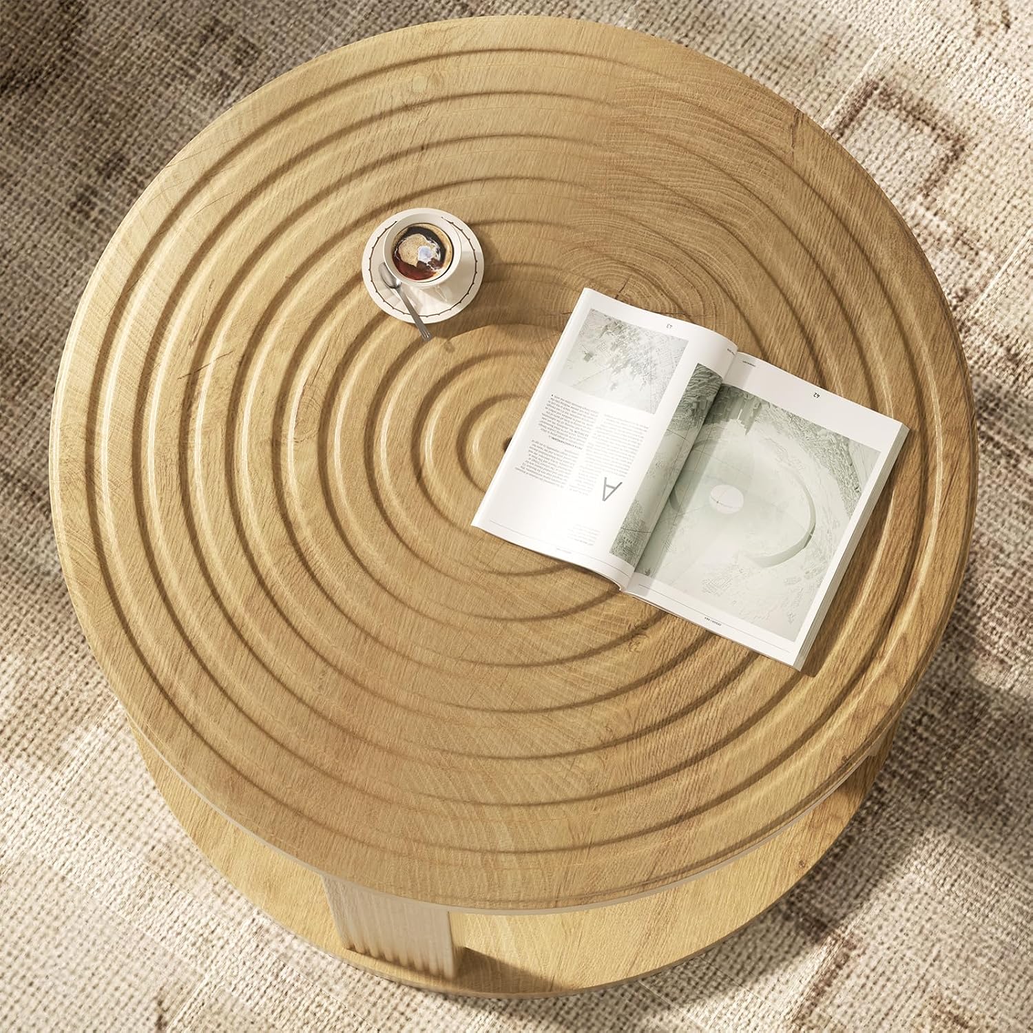 Planimetry 26.8” Fluted Round Coffee Table, 2-Tier Circle Lift Top, Wood | Round Center Table with Thick Tabletop, Modern Wood Circle Coffee Table for Living Room, Small Space, Easy Assembly