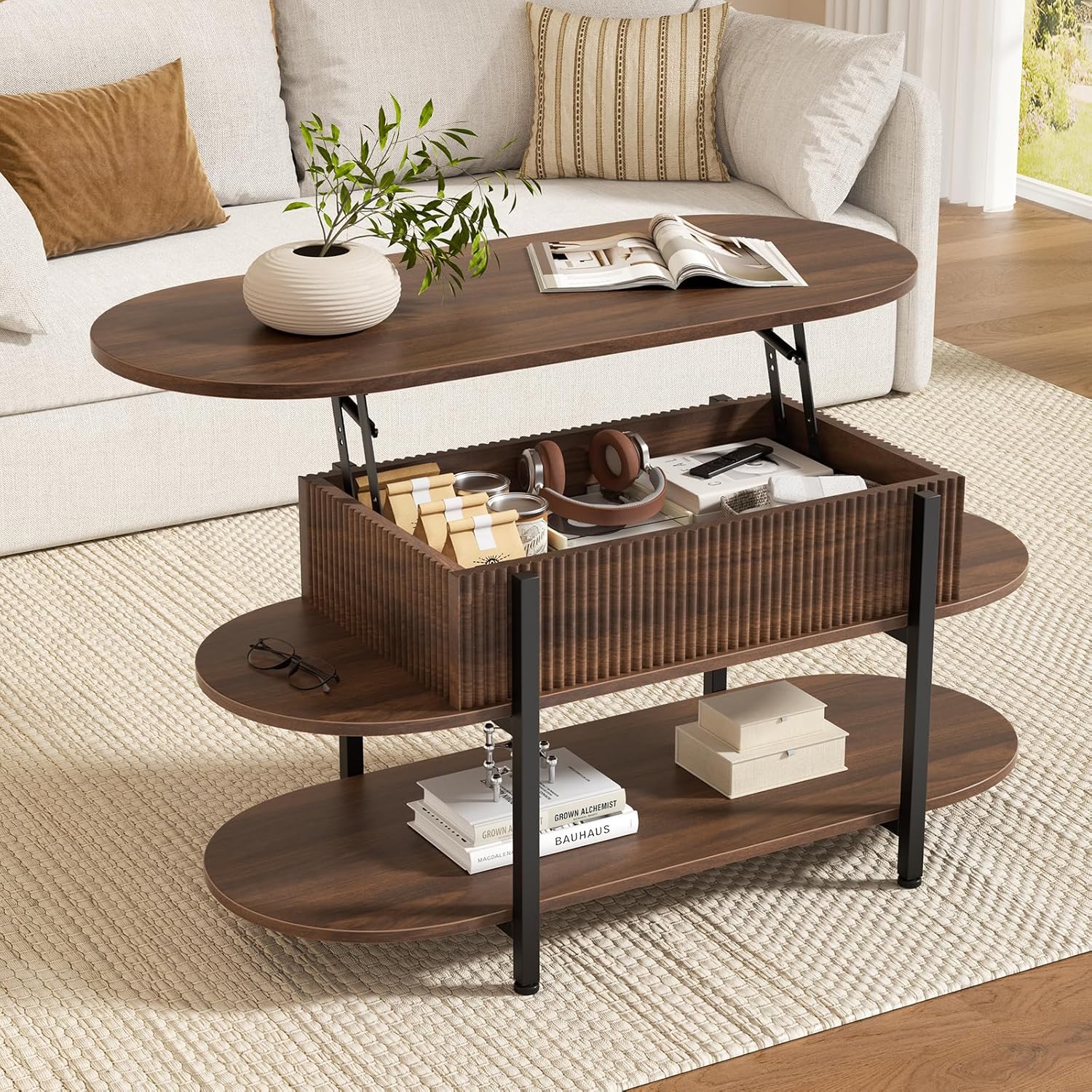 FABATO 41.7" Fluted Oval Lift Top Coffee Table with Hidden Storage, Black | Fluted Wood Center Table, 3 Tier Small Tables with Curved Edge, Modern Narrow Coffee Table for Living Room Reception Room