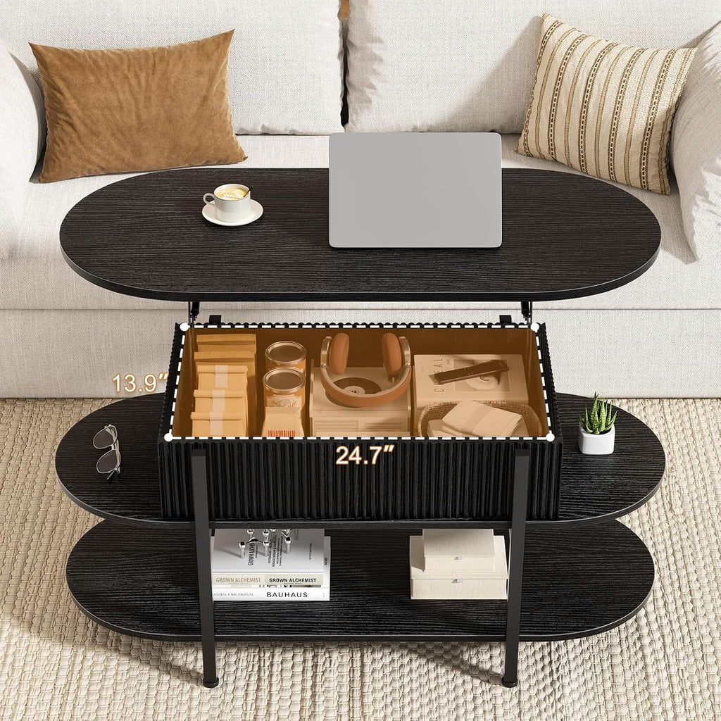 FABATO 41.7" Fluted Oval Lift Top Coffee Table with Hidden Storage, Black | Fluted Wood Center Table, 3 Tier Small Tables with Curved Edge, Modern Narrow Coffee Table for Living Room Reception Room