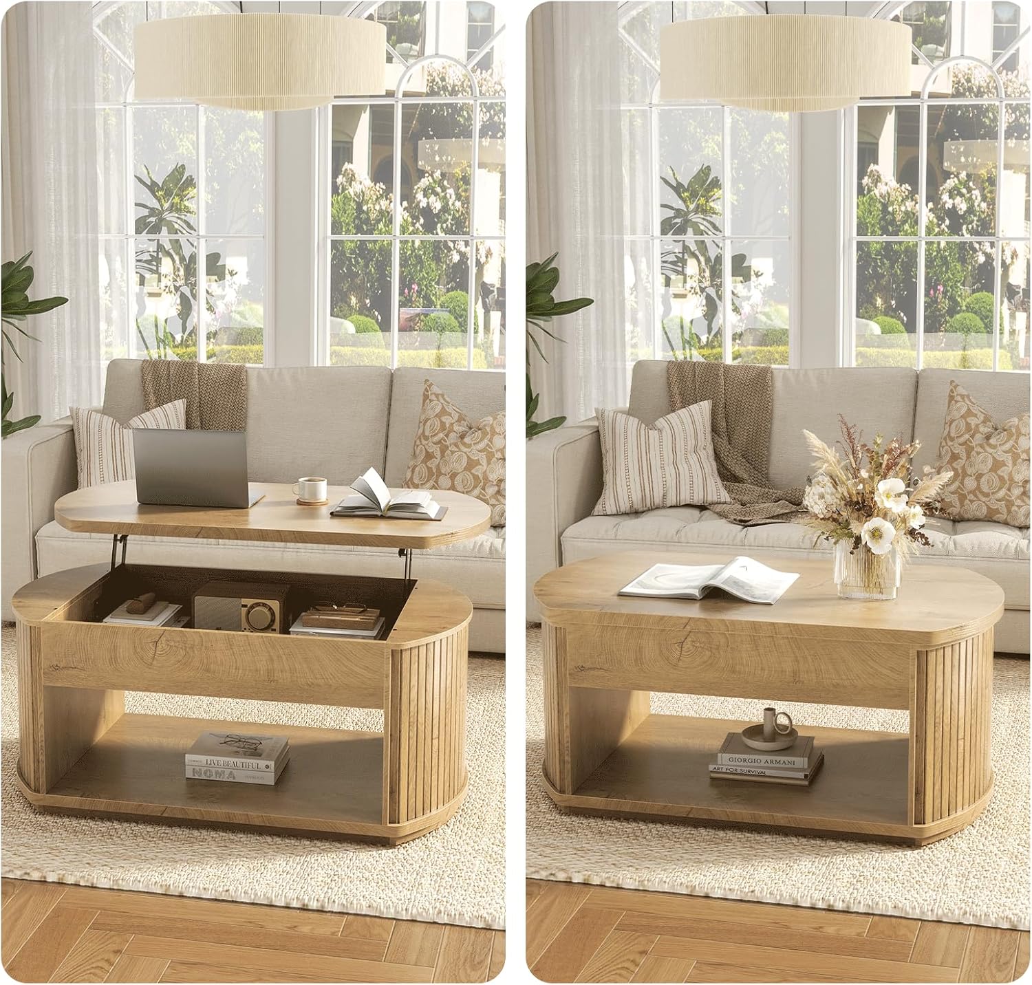 FABATO 41.7” Oval Fluted Wood Coffee Table with Lift Top, Wood | Mid Century Modern Coffee Table, 2 Tier Center Table, Rounded Corners, Hidden Storage for Living Room, Home Office