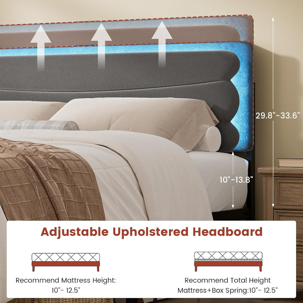 ROLETALENT Full Bed Frame with Storage Adjustable Headboard and 2 Drawers Upholstered Double Bed Frame Full Size with LED & Charging Station Metal Support No Box Spring Needed Grey