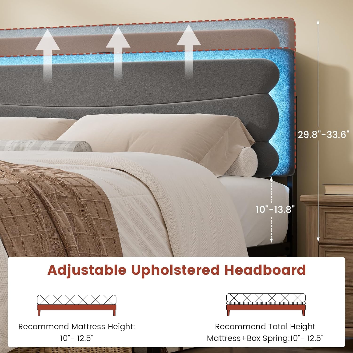 ROLETALENT Full Bed Frame with Storage Adjustable Headboard and 2 Drawers Upholstered Double Bed Frame Full Size with LED & Charging Station Metal Support No Box Spring Needed Grey