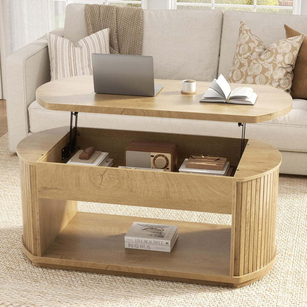 FABATO 41.7” Oval Fluted Wood Coffee Table with Lift Top, Wood | Mid Century Modern Coffee Table, 2 Tier Center Table, Rounded Corners, Hidden Storage for Living Room, Home Office