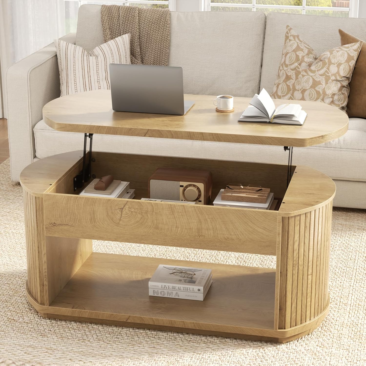 FABATO 41.7” Oval Fluted Wood Coffee Table with Lift Top, Wood | Mid Century Modern Coffee Table, 2 Tier Center Table, Rounded Corners, Hidden Storage for Living Room, Home Office