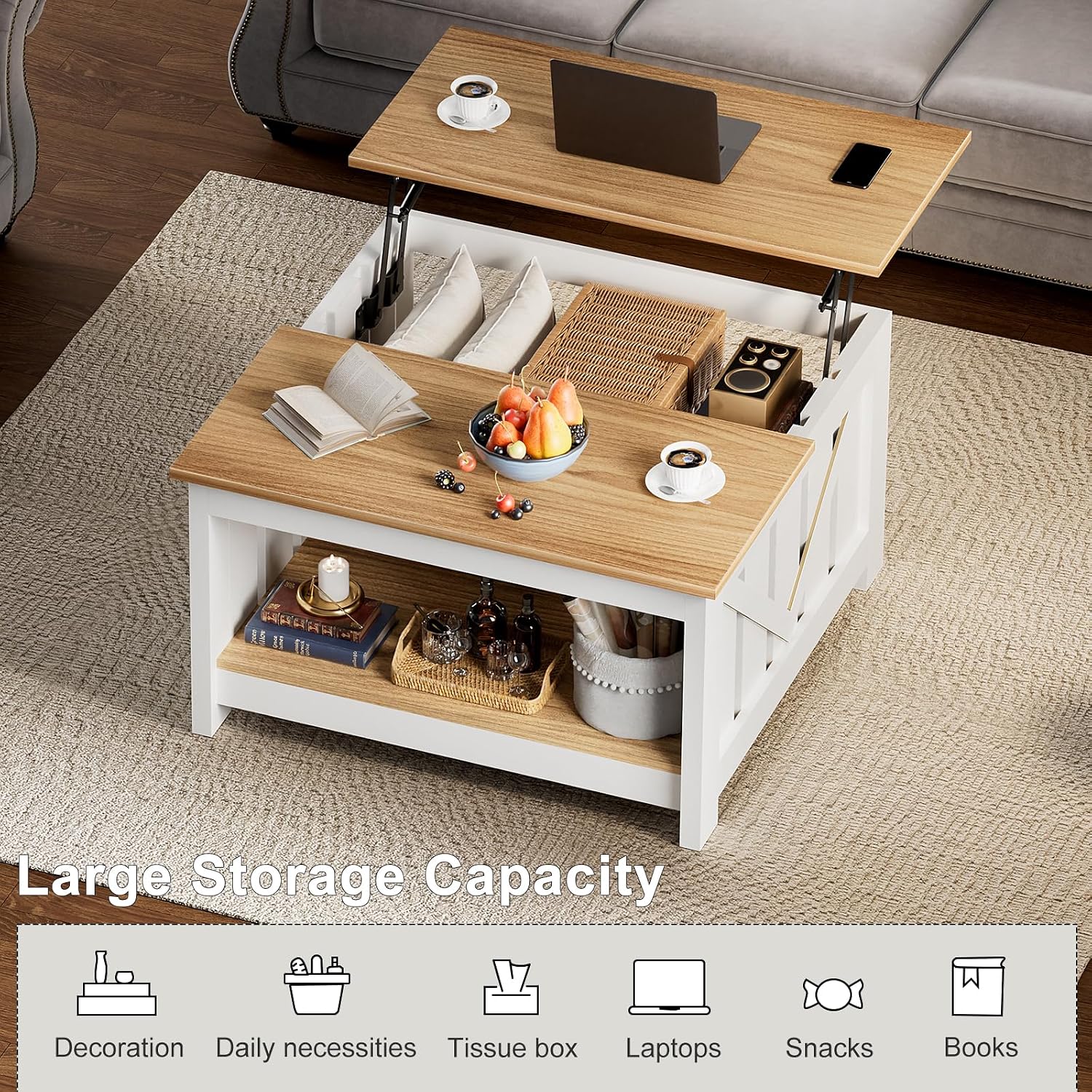 FABATO Lift Top Coffee Table, 31.5" Farmhouse Coffee Tables with Storage, Small Square Cocktail Tables, Wood Central Table for Living Room, Meeting Room, White