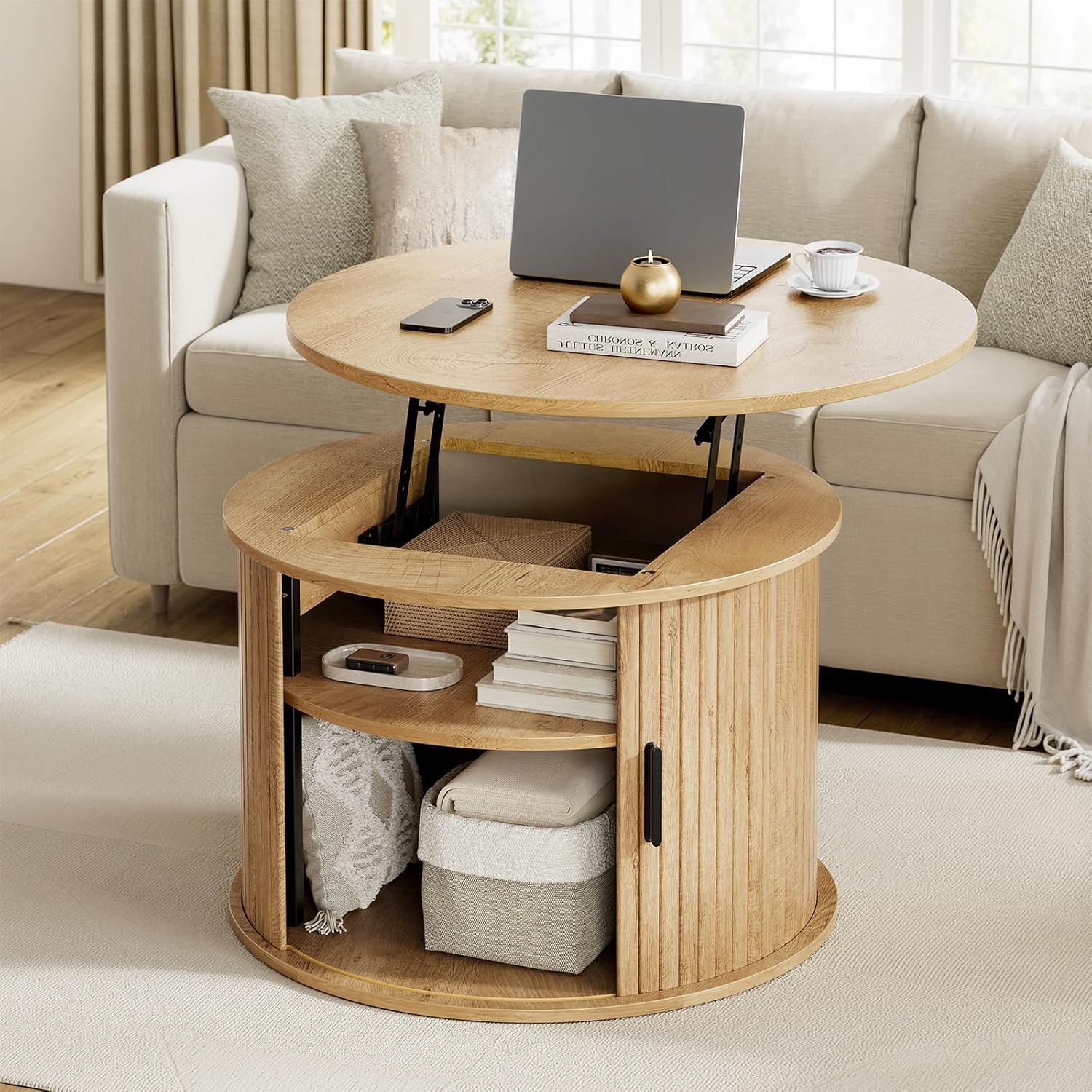 FABATO Round Lift Top Coffee Table, Fluted Wood Accent Coffee Table with Hidden Storage and Open Shelves, Drum Table with Sliding Rolling Door, Small Center Table Dining Table for Living Room, Walnut