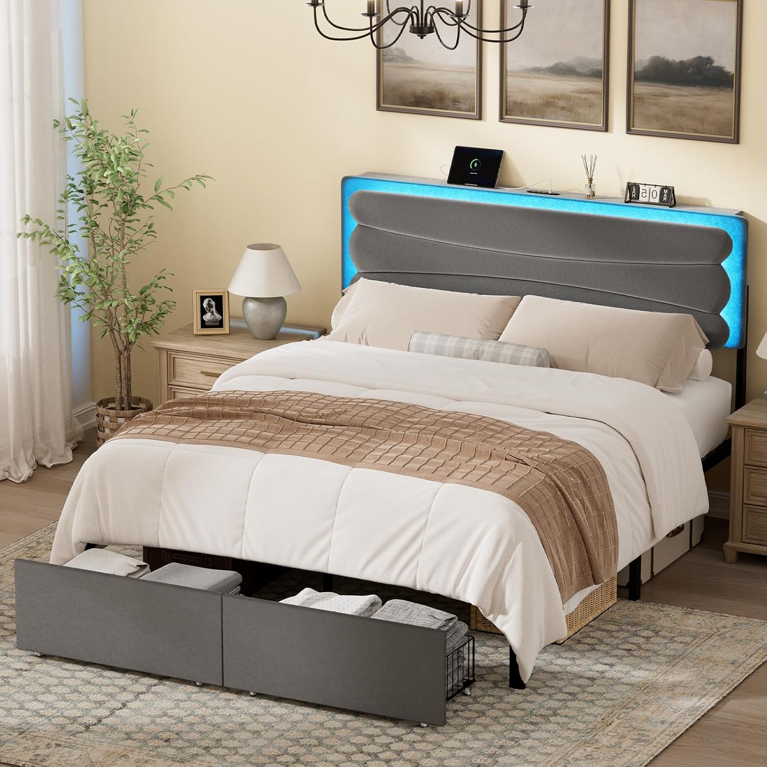 ROLETALENT Full Bed Frame with Storage Adjustable Headboard and 2 Drawers Upholstered Double Bed Frame Full Size with LED & Charging Station Metal Support No Box Spring Needed Grey