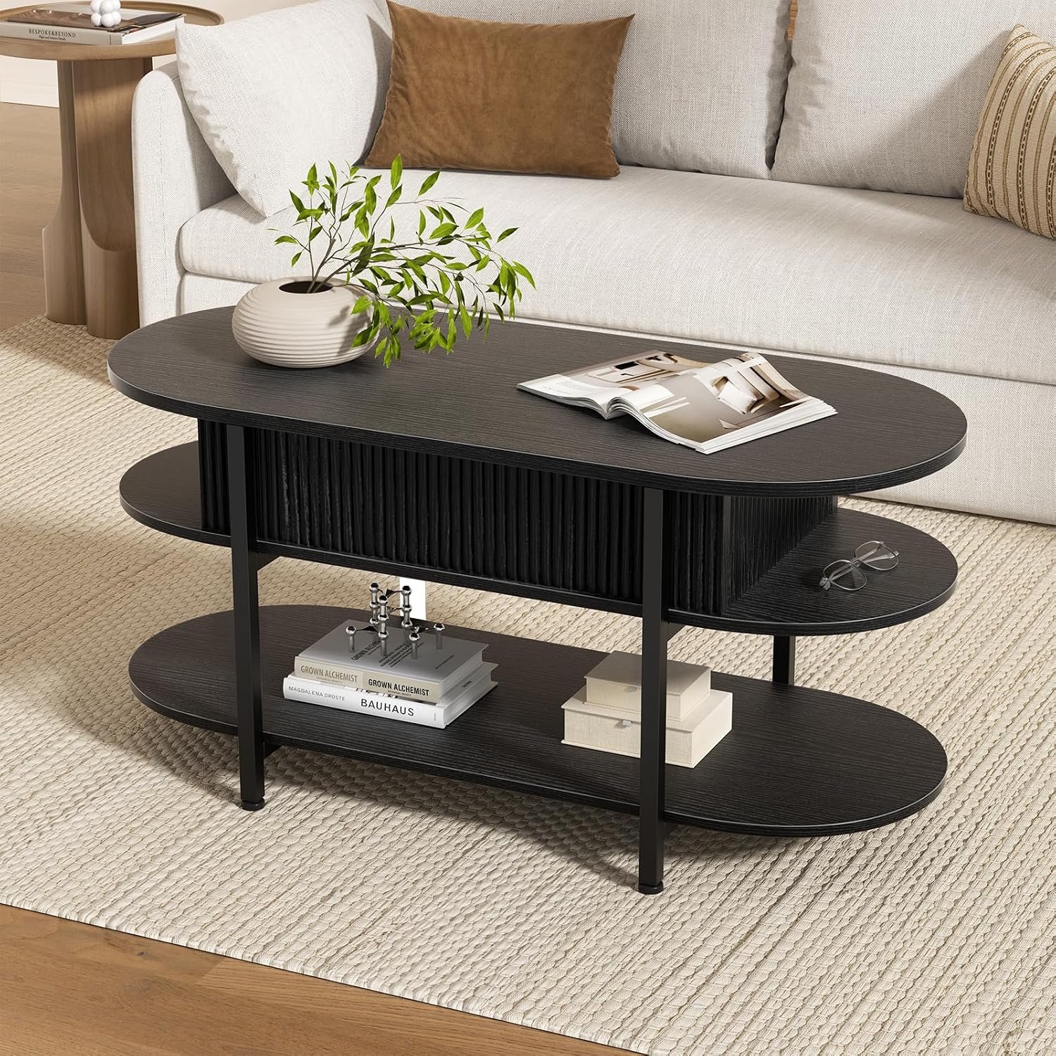 FABATO 41.7" Fluted Oval Lift Top Coffee Table with Hidden Storage, Black | Fluted Wood Center Table, 3 Tier Small Tables with Curved Edge, Modern Narrow Coffee Table for Living Room Reception Room