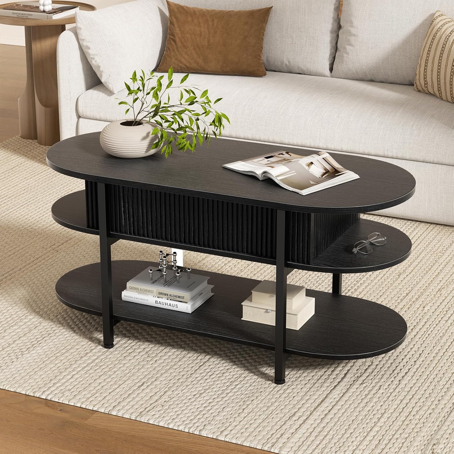 FABATO 41.7" Fluted Oval Lift Top Coffee Table with Hidden Storage, Black | Fluted Wood Center Table, 3 Tier Small Tables with Curved Edge, Modern Narrow Coffee Table for Living Room Reception Room