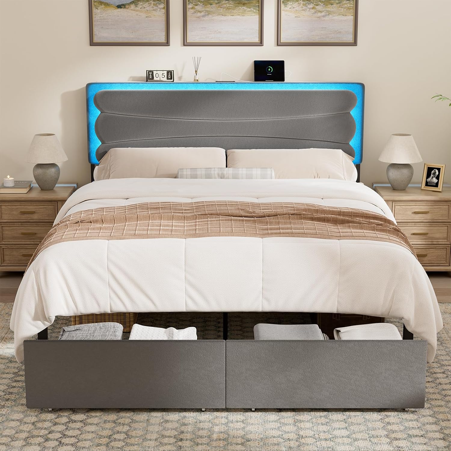 ROLETALENT Full Bed Frame with Storage Adjustable Headboard and 2 Drawers Upholstered Double Bed Frame Full Size with LED & Charging Station Metal Support No Box Spring Needed Grey