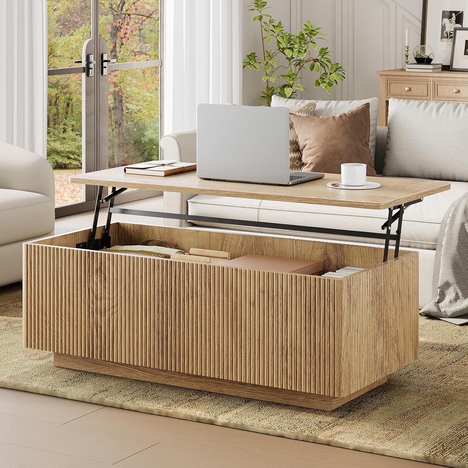 FABATO 41.7'' Fluted Lift Top Coffee Table Large Hidden Storage, Walnut | Large Rectangular Lift Up Coffee Tables, Hidden Storage Compartment, Fluted Panel Rounded Corners, Mid Century Modern