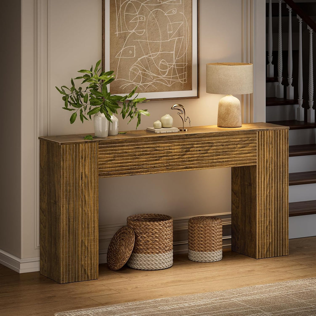 FABATO 61” Fluted Long Console Table with 2 Hidden Storage Cabinets, Brown | Wooden Rectangular Sofa Table, Behind the Couch, Narrow Entryway Table for Entrance, Hallway, Living Room, Foyer