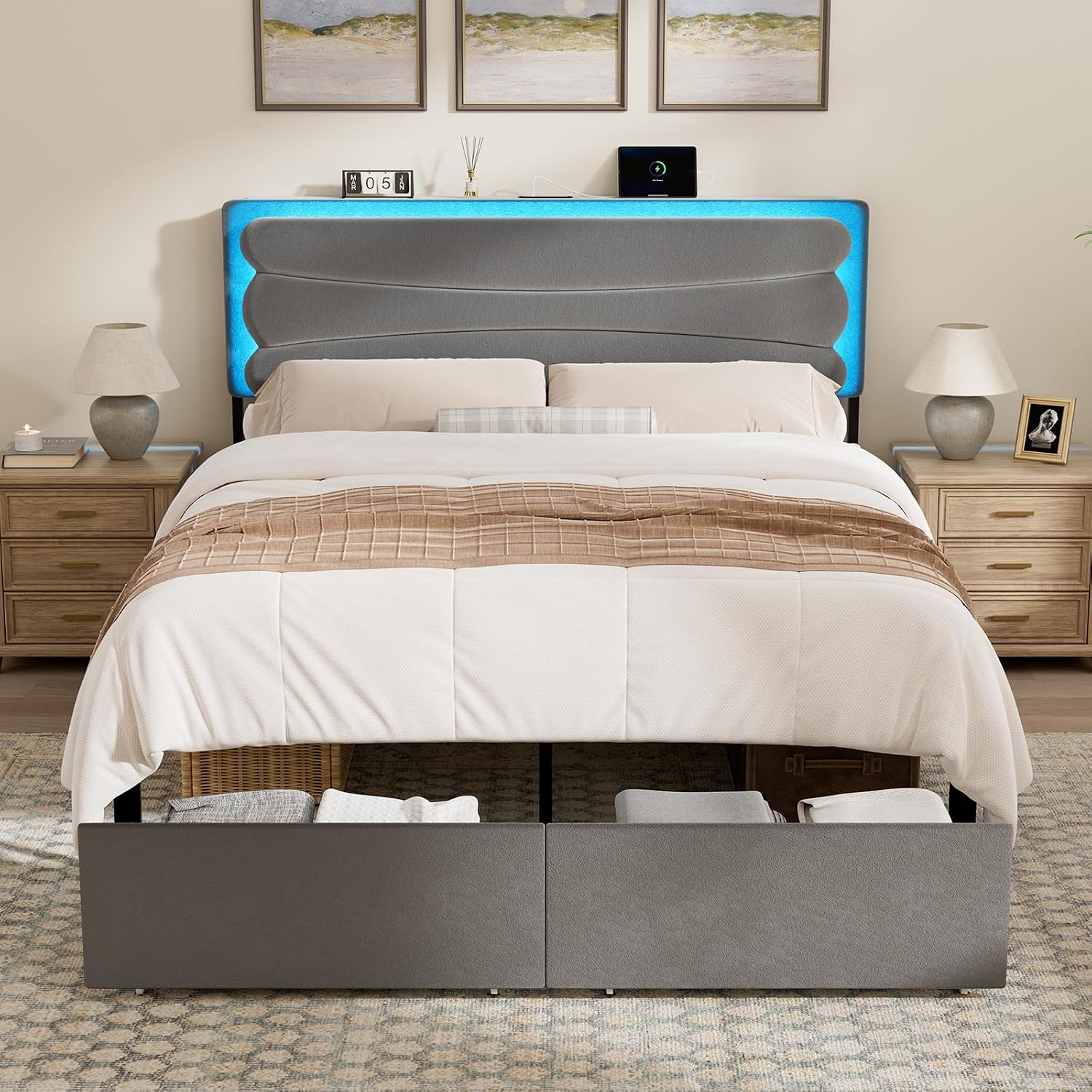 ROLETALENT Full Bed Frame with Storage Adjustable Headboard and 2 Drawers Upholstered Double Bed Frame Full Size with LED & Charging Station Metal Support No Box Spring Needed Grey