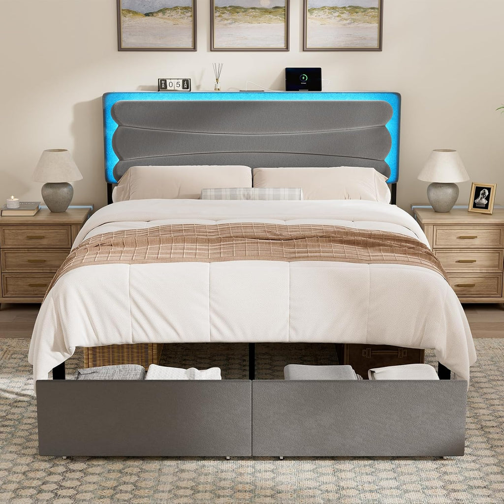 ROLETALENT Full Bed Frame with Storage Adjustable Headboard and 2 Drawers Upholstered Double Bed Frame Full Size with LED & Charging Station Metal Support No Box Spring Needed Grey