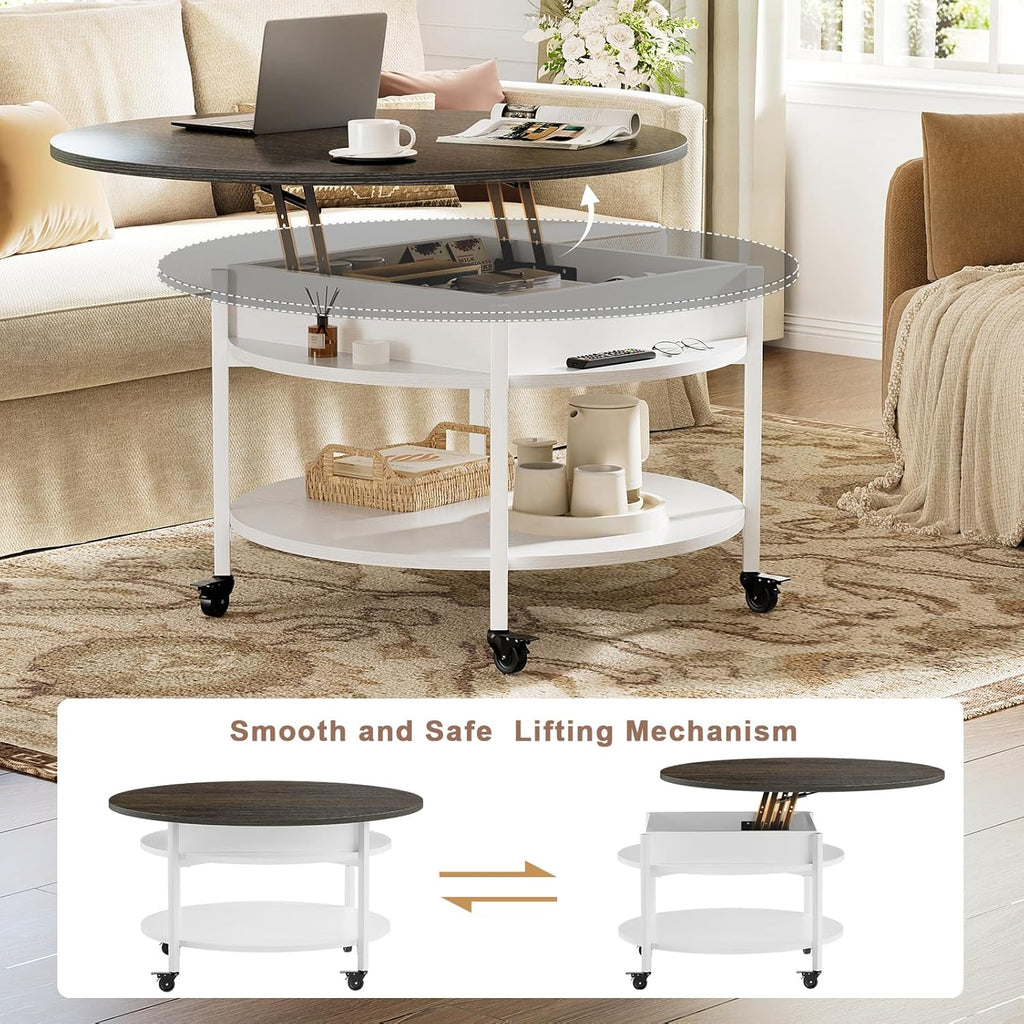 FABATO Small Round Lift Top Coffee Table with Wheels and Storage, White | 26.77’’ Rolling Lift Up Circle Center Table, Hidden Storage and Compartment, 2 Tier Small Circle Dining Table for Living Room