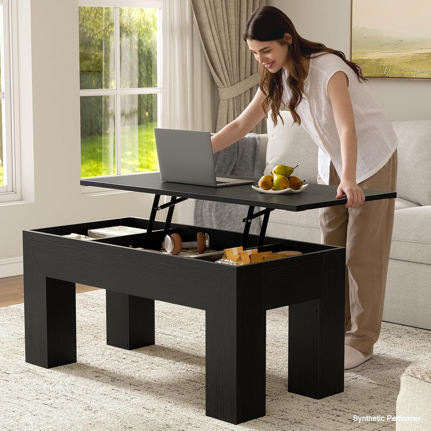 FABATO 41.7” Rectangular Lift Top Coffee Table Hidden Compartment, Black | Modern Wood Coffee Table, Large Center Table Adjust Height Sofa Table for Living Room, Home Office