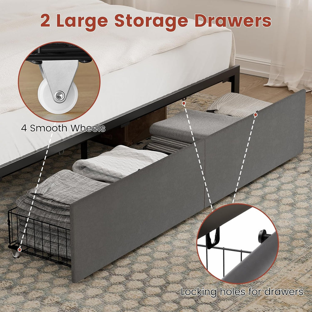 ROLETALENT Full Bed Frame with Storage Adjustable Headboard and 2 Drawers Upholstered Double Bed Frame Full Size with LED & Charging Station Metal Support No Box Spring Needed Grey