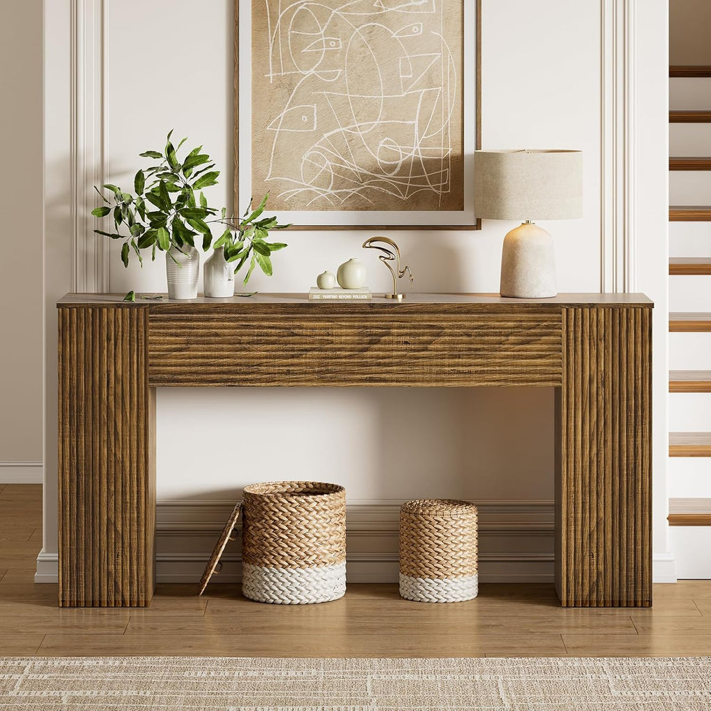 FABATO 61” Fluted Long Console Table with 2 Hidden Storage Cabinets, Brown | Wooden Rectangular Sofa Table, Behind the Couch, Narrow Entryway Table for Entrance, Hallway, Living Room, Foyer