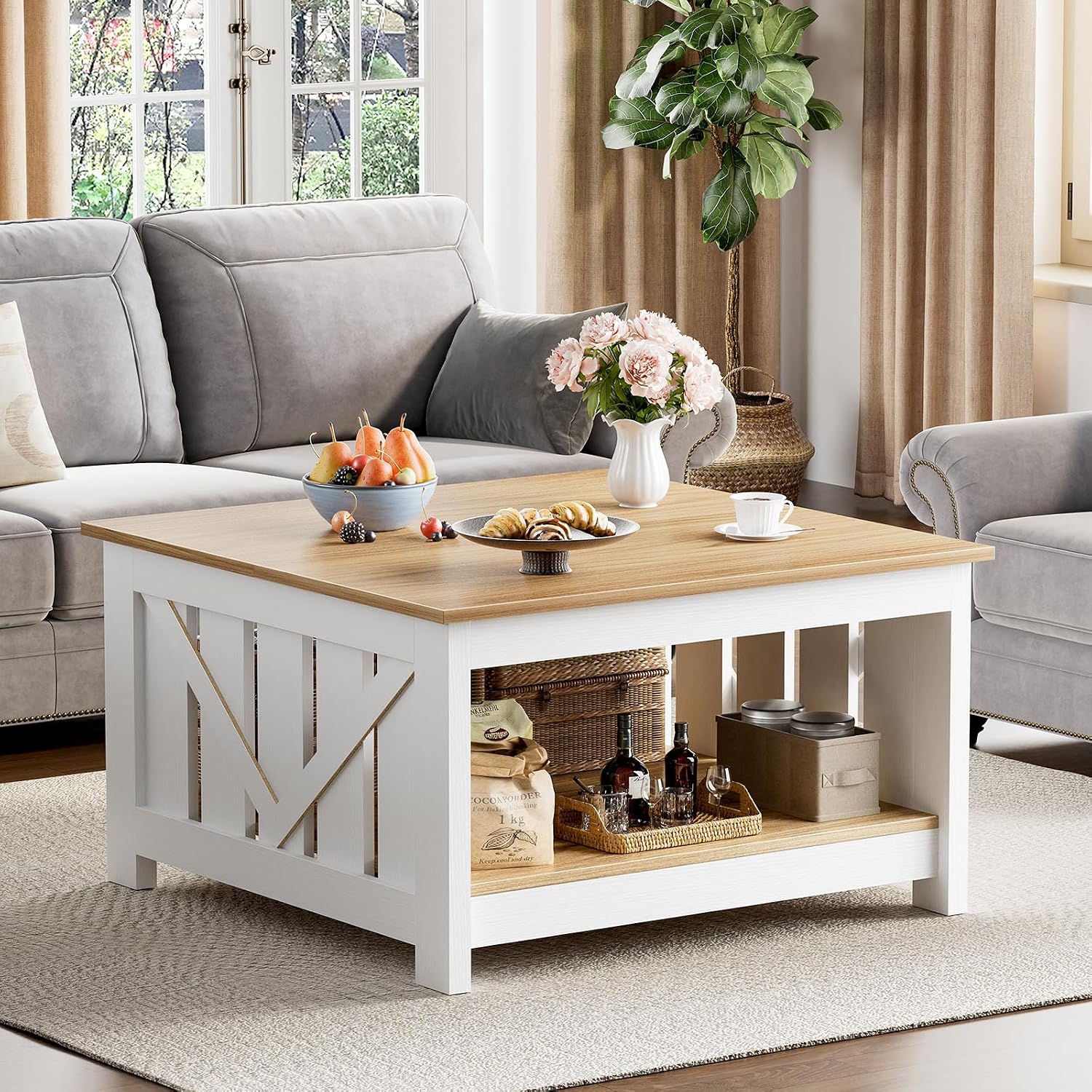 FABATO Lift Top Coffee Table, 31.5" Farmhouse Coffee Tables with Storage, Small Square Cocktail Tables, Wood Central Table for Living Room, Meeting Room, White
