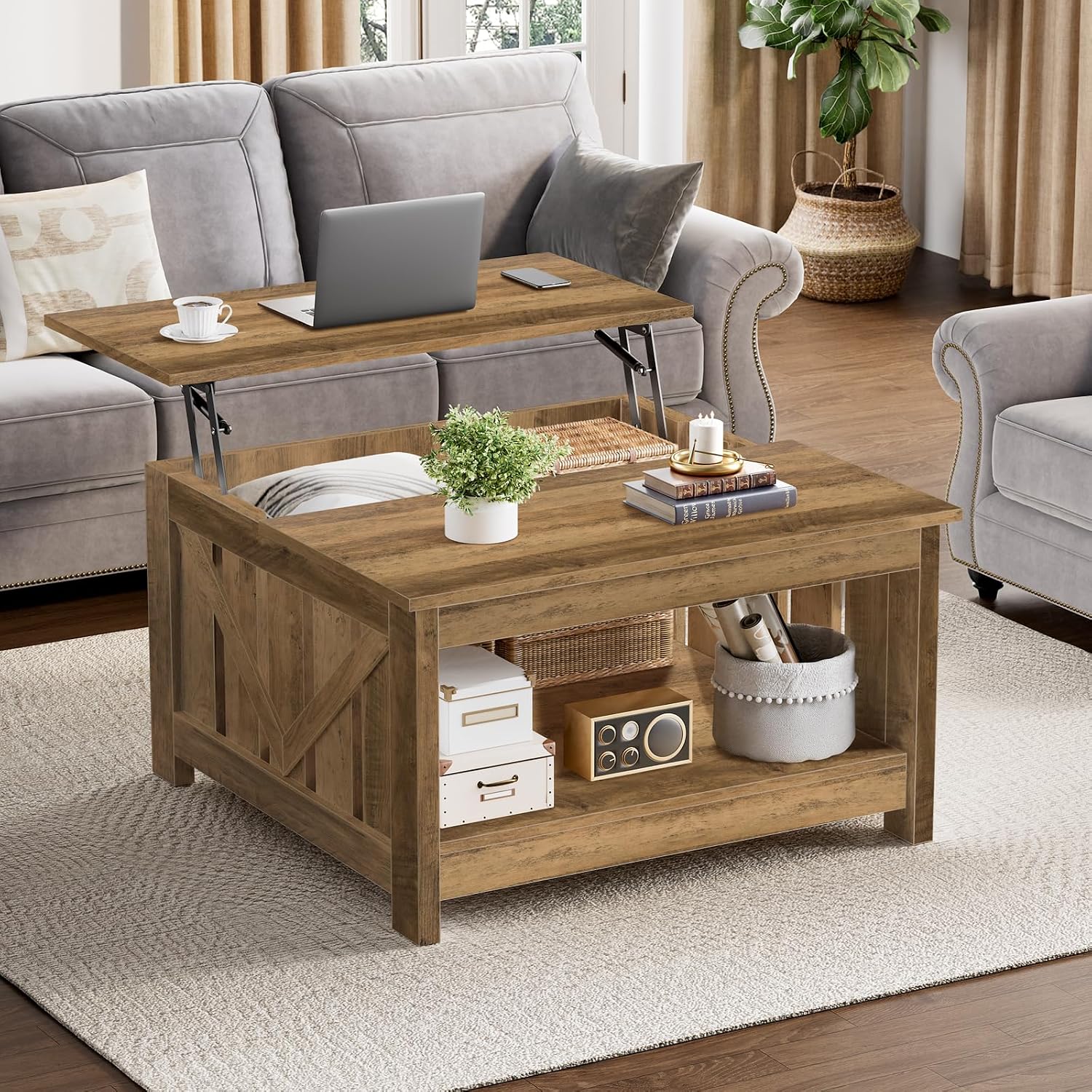 FABATO Lift Top Coffee Table, 31.5" Farmhouse Coffee Tables with Storage, Small Square Cocktail Tables, Wood Central Table for Living Room, Meeting Room, White