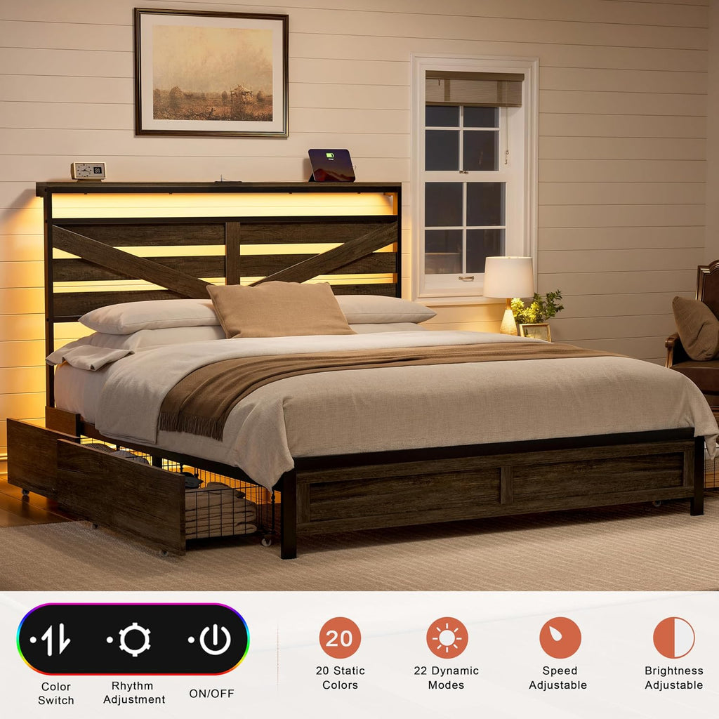 Full Bed Frame with 4 Storage Drawers Farmhouse Double Bed Frame Full Size with Headboard Metal Platform Bed No Box Spring Needed, Easy Assembly Grey
