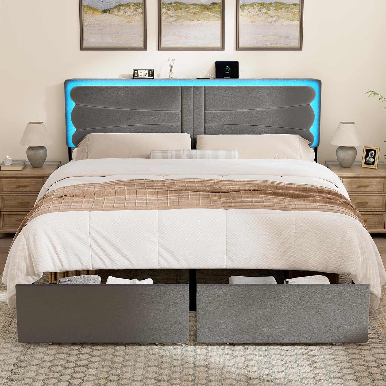 ROLETALENT Full Bed Frame with Storage Adjustable Headboard and 2 Drawers Upholstered Double Bed Frame Full Size with LED & Charging Station Metal Support No Box Spring Needed Grey