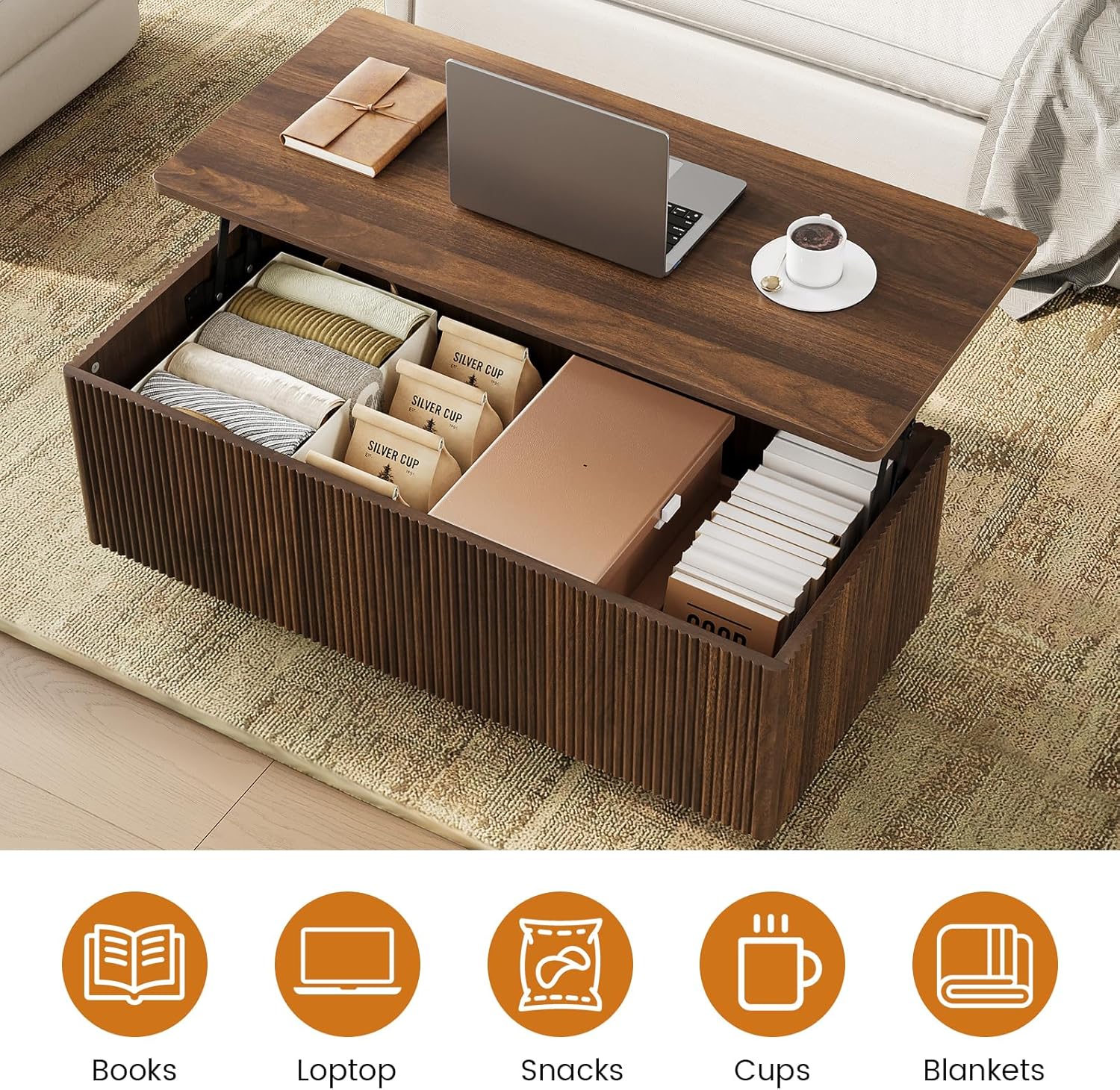 FABATO 41.7'' Fluted Lift Top Coffee Table Large Hidden Storage, Walnut | Large Rectangular Lift Up Coffee Tables, Hidden Storage Compartment, Fluted Panel Rounded Corners, Mid Century Modern