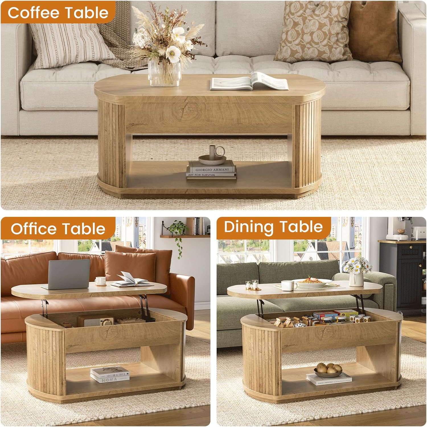 FABATO 41.7” Oval Fluted Wood Coffee Table with Lift Top, Wood | Mid Century Modern Coffee Table, 2 Tier Center Table, Rounded Corners, Hidden Storage for Living Room, Home Office